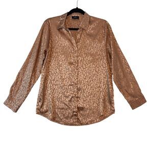 Milk & Honey Button Up Top Women's M Rose Gold Leopard Satin Shimmer Long Sleeve
